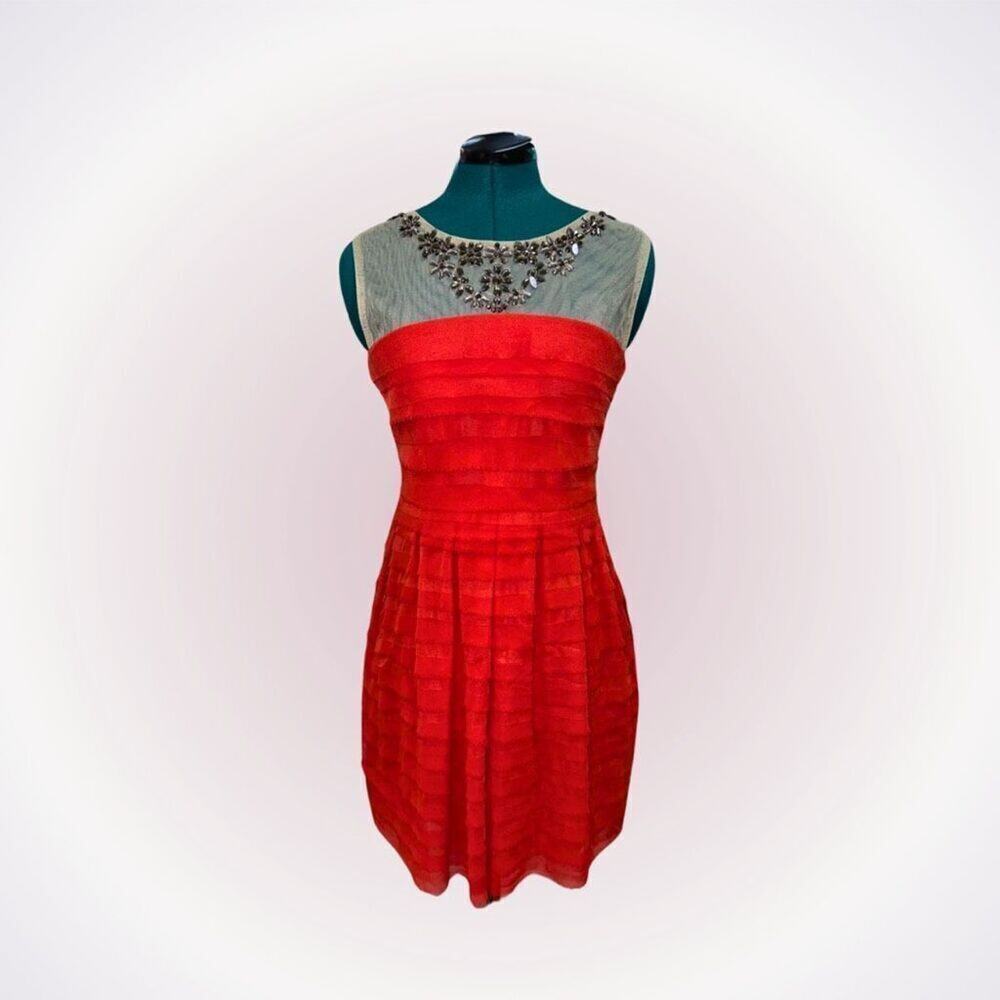 Jolie Moi red tiered mesh dress with embellished top | US 6 (EU 10)